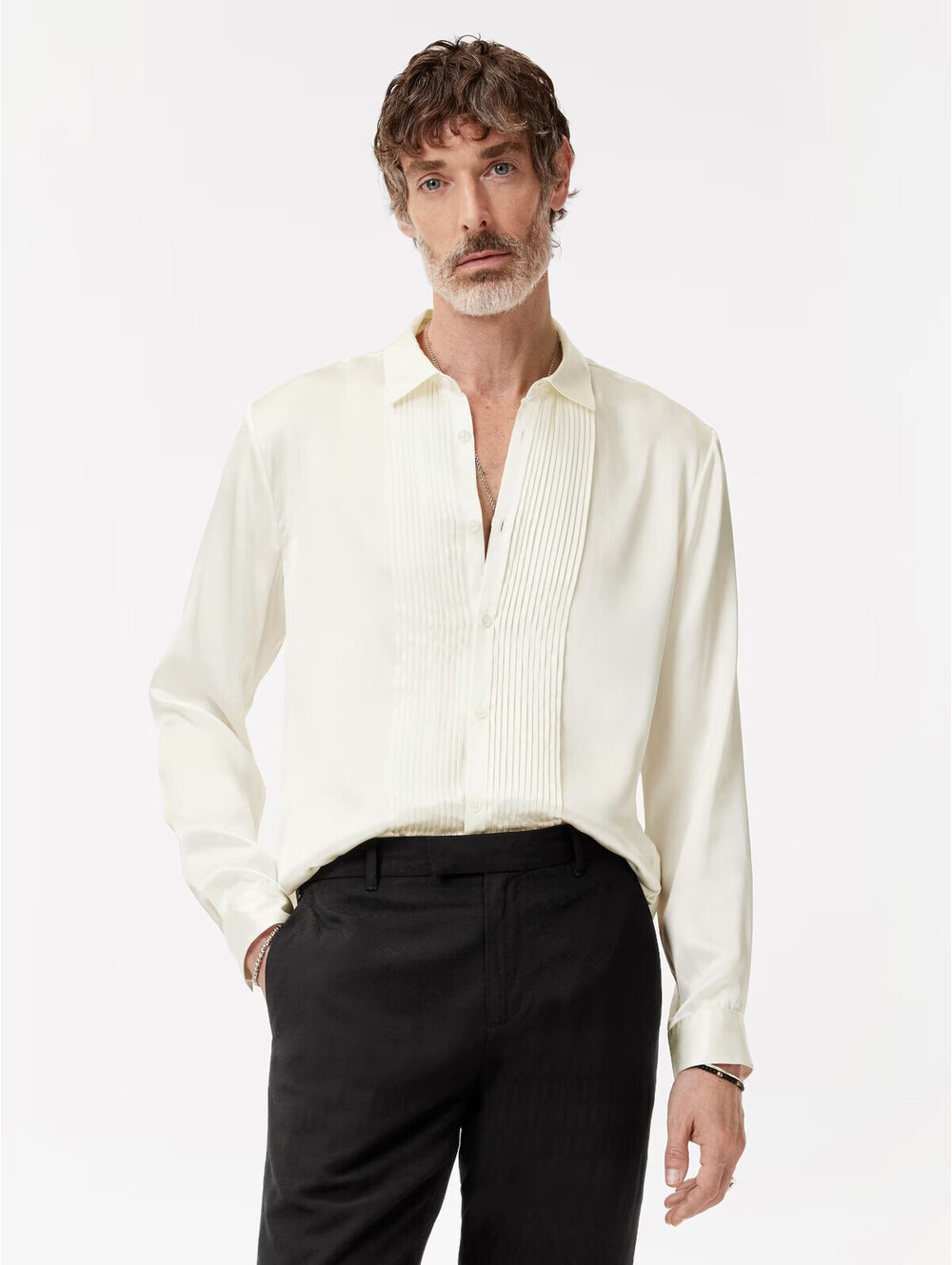 John Varvatos Elio Pleated Front Silk Button-Up Shirt Ivory Size M